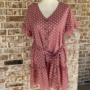 Shein Curve Pink Polka Dot Ruffle Drop Waist Dress